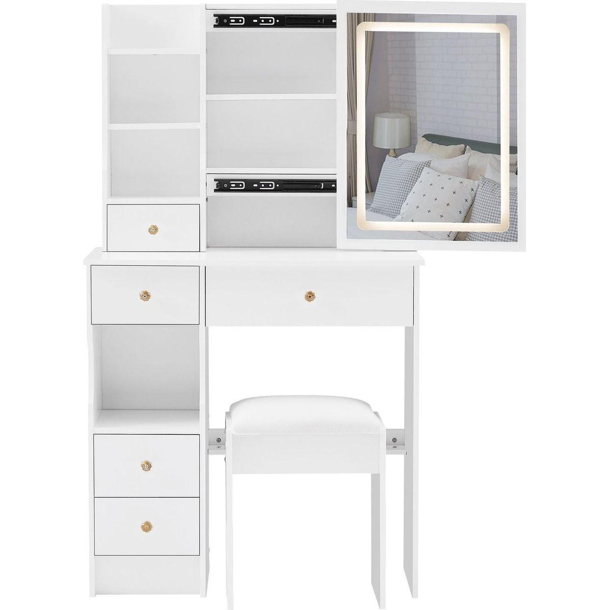 Small Size Left Drawer Desktop Vanity Table + Cushioned Stool, Touch Control Sliding LED Mirror, Tri-color Switching, Brightness Adjust, Multi Layer, Suitable for Small Space, EPA,GCC,UL Certificate