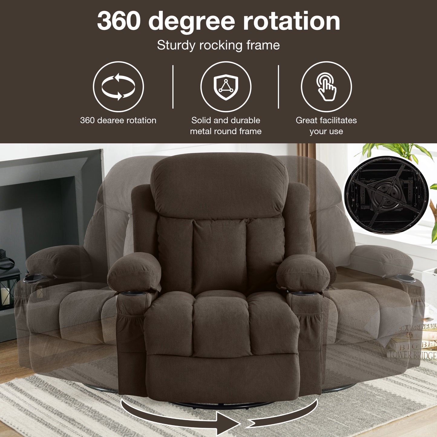 Swinging recliner massage heated sofa, with USB and 2 cup holders in side pockets, PackageA+B (Brown)