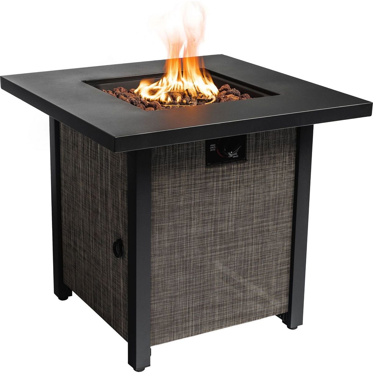 40000BTU Square Propane Fire Pit Table Steel Tabletop with Textilene Side Panel, Steel Lid and Rocks