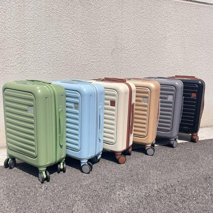 Front Opening 20-Inch Carry-On Luggage with Expandable Travel Bag Set, ABS Hard Shell Two-piece suitcase set with USB Port, Cup Holder, ivory and brown