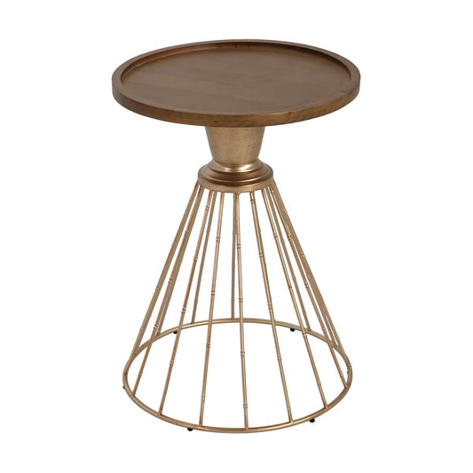 Hollow Edge Retro Art Pine Side Table with Antique Gold and Natural Color, Iron and Pine Construction, 18-Inch Diameter