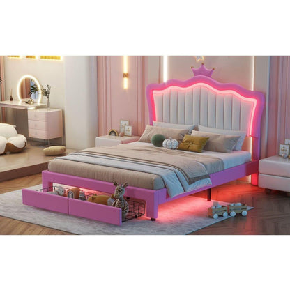 Full Size Upholstered Bed Frame with LED Lights, Modern Upholstered Princess Bed with Crown Headboard, 2 Drawers, Pink+White