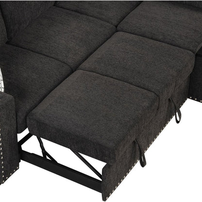 83.8" Reversible Sectional Pull-Out Sofa Bed L-Shaped Corner Sofa Couch with Storage Chaise, USB Ports, Power Sockets, Cup Holder for Living Room, Bedroom, Study, Black
