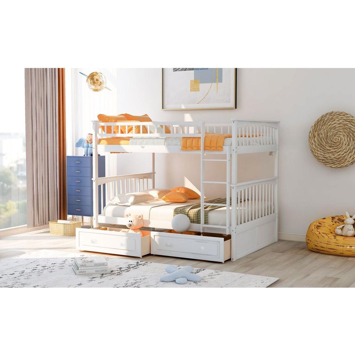 Full over Full Bunk Bed with Drawers, Convertible Beds, White