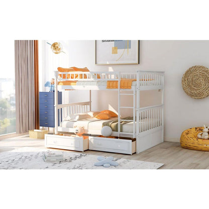 Full over Full Bunk Bed with Drawers, Convertible Beds, White