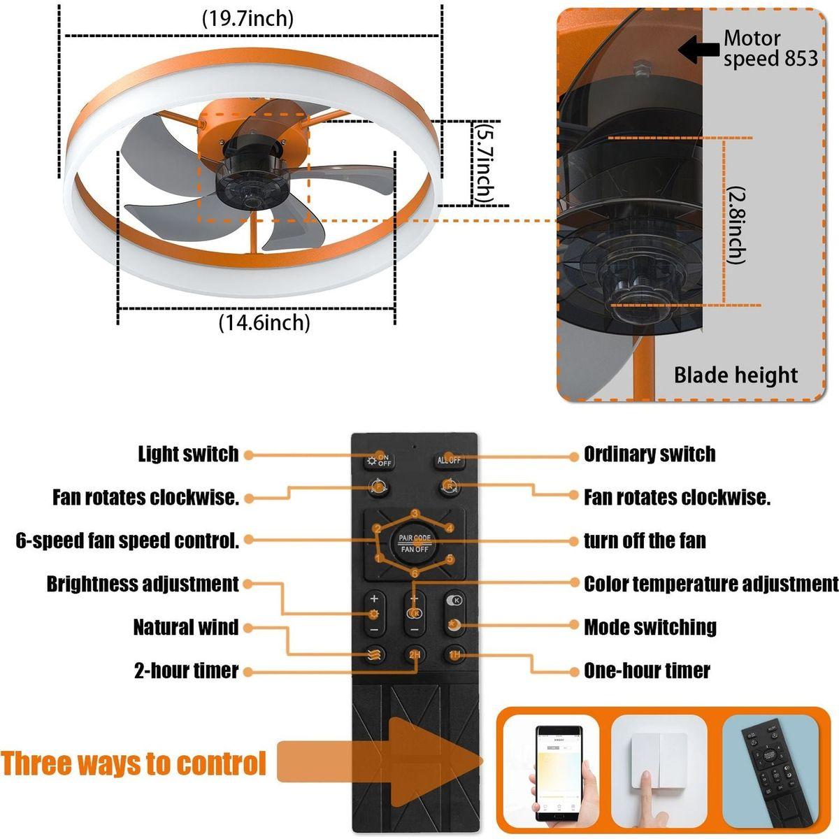 Ceiling Fans with Lights Dimmable LED Embedded installation of thin modern ceiling fans(Orange)