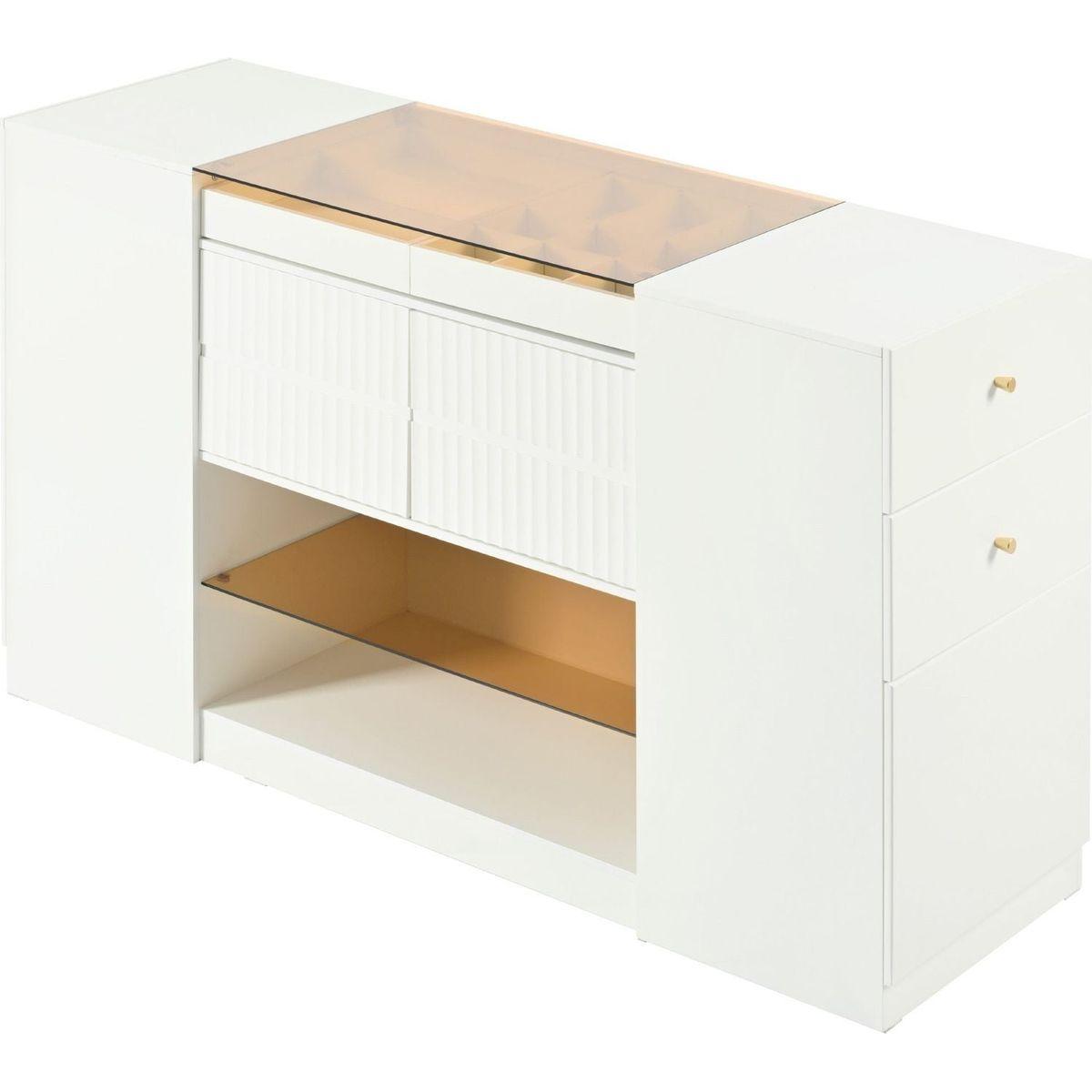 Modern Luxury Multi-Functional Island Vanity Dresser and Storage Cabinet with Glass Tabletop, Display Shelf,6 Drawers for Walk-in-Wardrobe and Bedroom