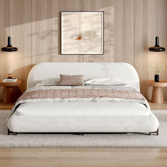 Queen Size Upholstered Bed Frame with Boucle Fabric and Steel Legs, White