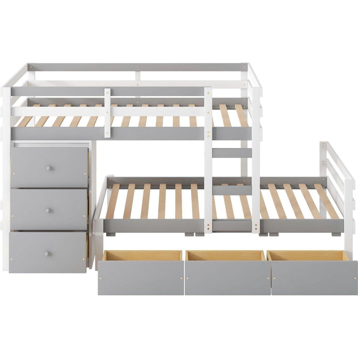 Twin over Twin Loft Bunk Bed with Drawers and Ladder, Gray