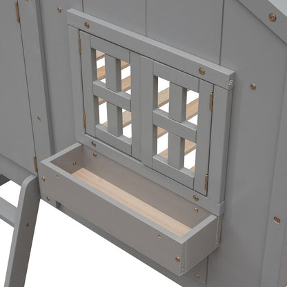 Twin over Twin House Bunk Bed with Roof, Window, Window Box, Door, with Safety Guardrails and Ladder, Grey