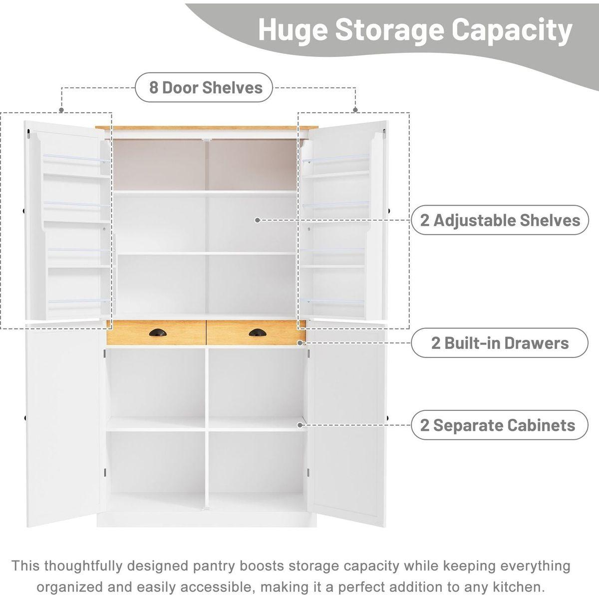 [Assembly Video Provided]40.2x20x71.3inch High Freestanding Kitchen Pantry Large Cupboard Storage Cabinet with 2 Drawers, 2 Adjustable Shelves, 8 Door Shelves for Kitchen, Dining Room,White
