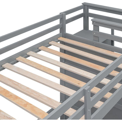 Twin Over Twin Bunk Bed with Trundle and Staircase,Gray