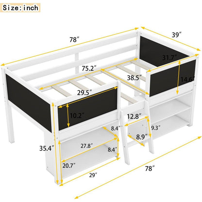 Twin Size Low Loft Bed with Two Movable Shelves and Ladder,with Decorative Guardrail Chalkboard,White