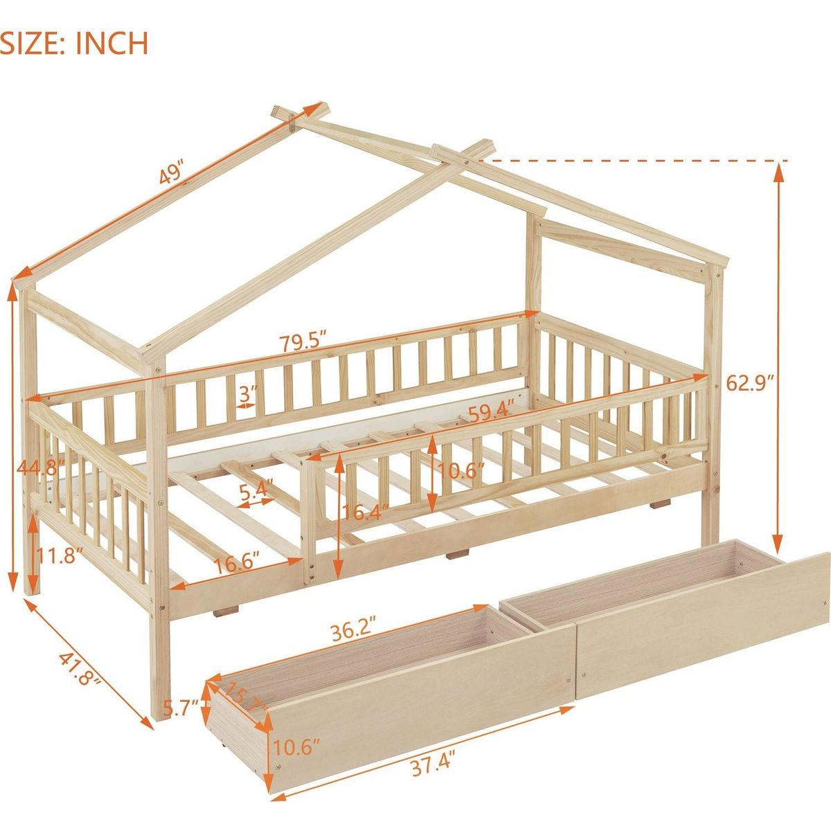 Twin Size Wooden House Bed with Two Drawers, Natural