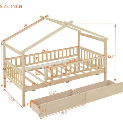 Twin Size Wooden House Bed with Two Drawers, Natural