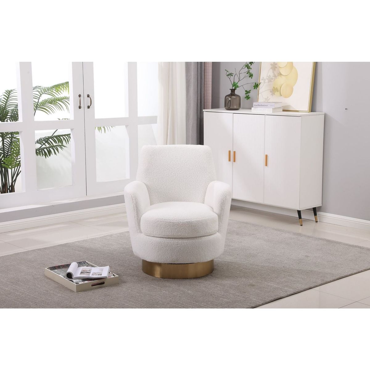 Teddy Swivel Barrel Chair, Swivel Accent Chairs Armchair for Living Room, Reading Chairs for Bedroom Comfy, Round Barrel Chairs with Gold Stainless Steel Base (Ivory)