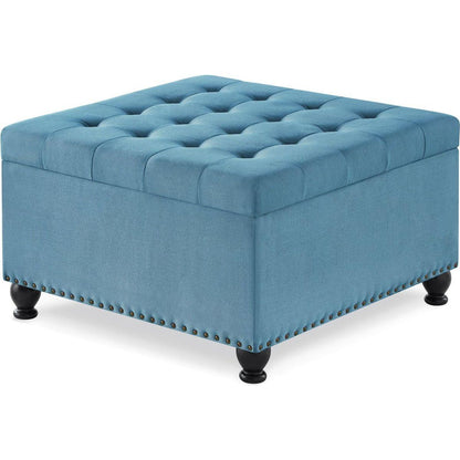 Large square storage ottoman with wooden legs, Upholstered button tufted coffee table with nail trims,Light Blue