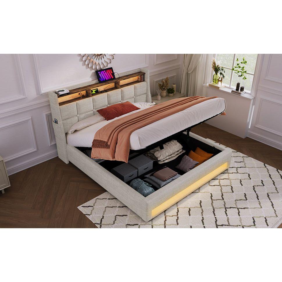 Queen size Upholstered Platform bed with a Hydraulic Storage System, LED and USB Charging, Natural (without mattress)