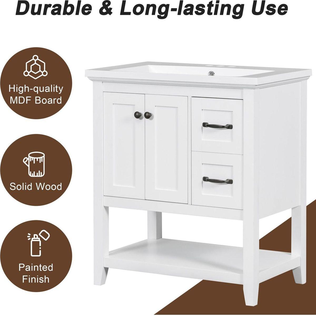 30" Bathroom Vanity with Ceramic Sink Top, Vanity Cabinet with Multi-Functional Drawer, Solid Wood Legs, White