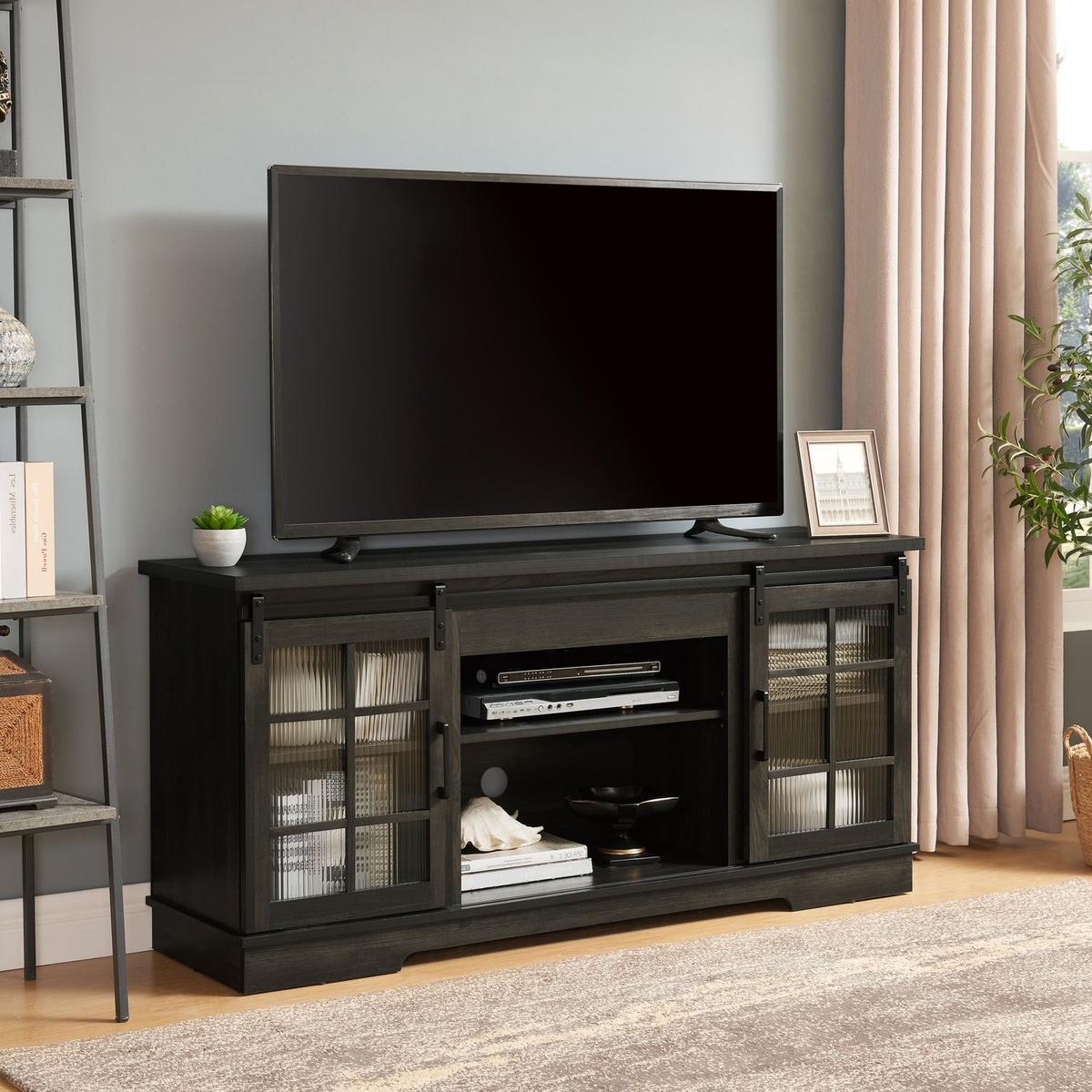 Multipurpose Sliding Door TV Stand Large Storage Cabinet with 2 Sliding Fluted Glass Tempered Doors, TV Up to 65", TV Desk Storage Rack, Charcoal GREY, 59.13"Wx15.94"Dx27.8"H