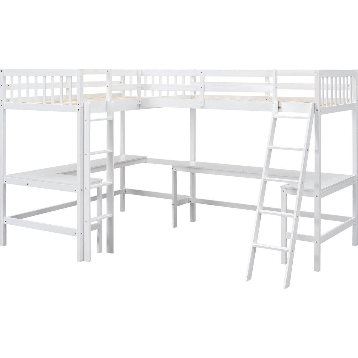 Wood Twin Size L-Shaped Loft Bed with Ladder and 2 Built-in L-Shaped Desks, White