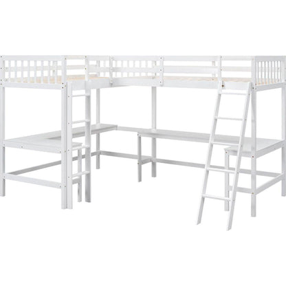 Wood Twin Size L-Shaped Loft Bed with Ladder and 2 Built-in L-Shaped Desks, White