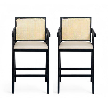 27' Height, Cream Grey Woven Cane Plastic Backrest Bar Stool - Foam-Padded Fabric Seat & Durable Rubberwood Frame