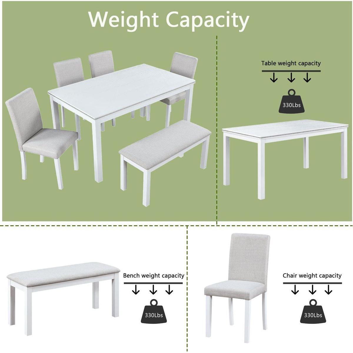 Wooden Dining Rectangular Table with Bench, Kitchen Table with Bench for Small Space, 6 Person Dining Table, White