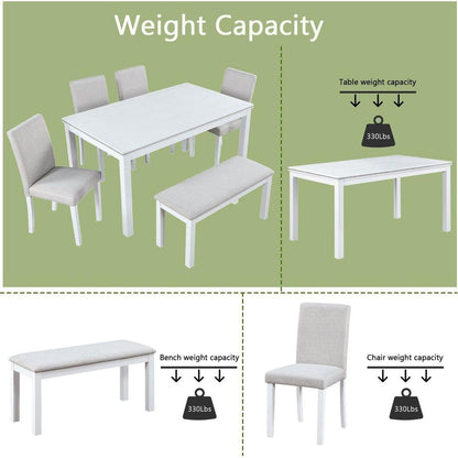 Wooden Dining Rectangular Table with Bench, Kitchen Table with Bench for Small Space, 6 Person Dining Table, White