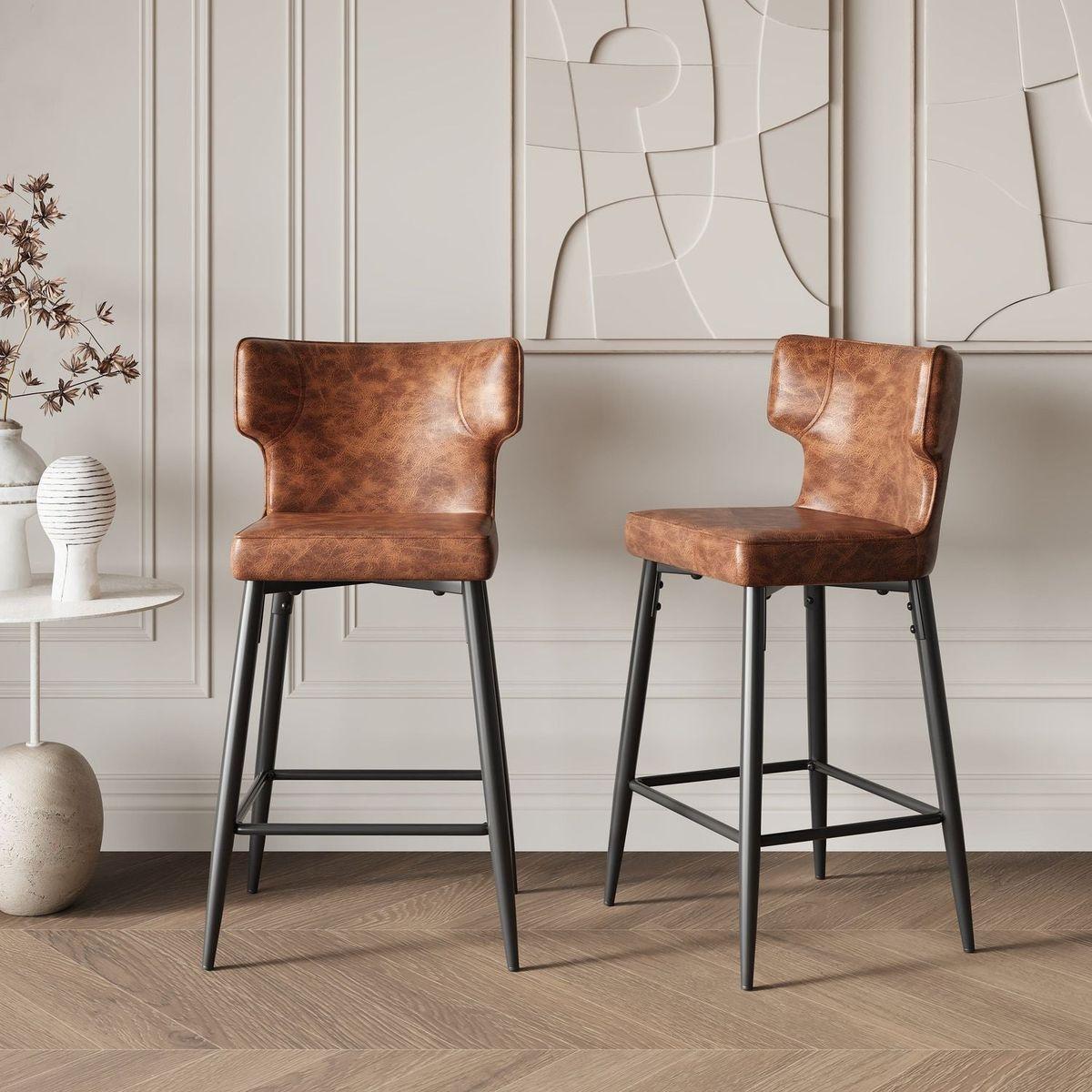 28inch Counter Height Bar Stools Set of 2, Modern Bar Upholstered Chairs with PU Leather, Metal Footrest and Frame for Kitchen Island, Bar Table, Dining Room, Brown