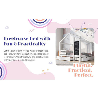 Twin House Bed with Blackboard and Drawers, Two assembly options, White