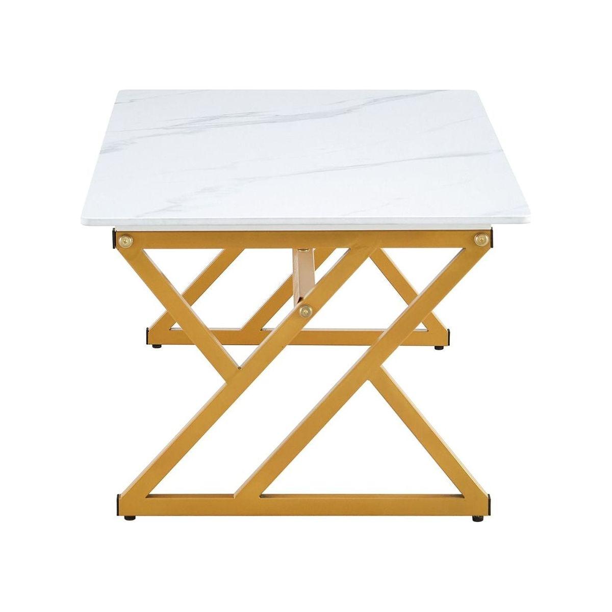 A modern minimalist style white marble patterned coffee table with golden metal legs. Computer desk. Game table. Tea table. CT-XX