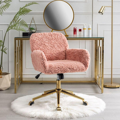 Office Chair,Artificial rabbit hair Home Office Chair with Golden Metal Base,Adjustable Desk Chair Swivel Office Chair,Vanity Chair(Pink)