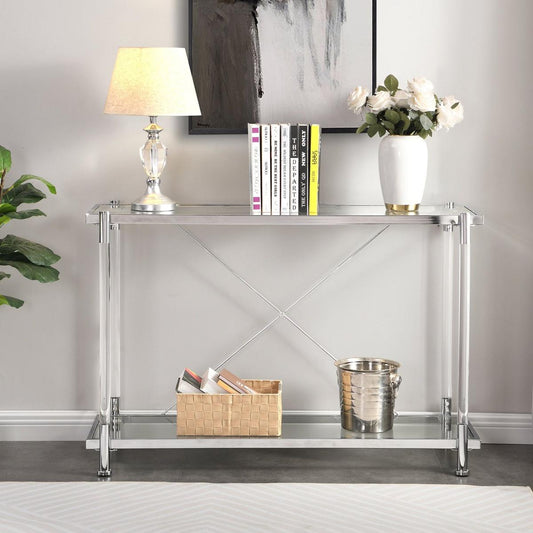 43.31" Chrome Glass Sofa Table, Acrylic Side Table, Console Table for Living Room& Bedroom
