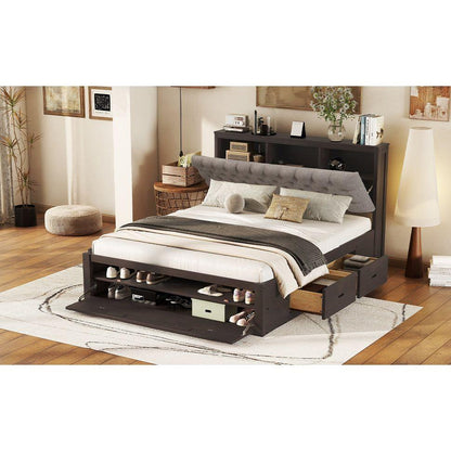 Wood Queen Size Platform Bed with Storage Headboard, shoe rack and 4 drawers,Espresso