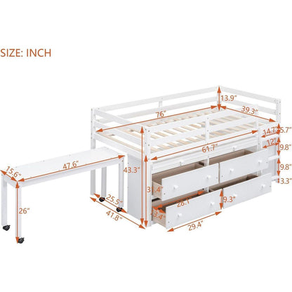 Twin Size Loft Bed with Retractable Writing Desk and 4 Drawers, Wooden Loft Bed with Lateral Portable Desk and Shelves, White