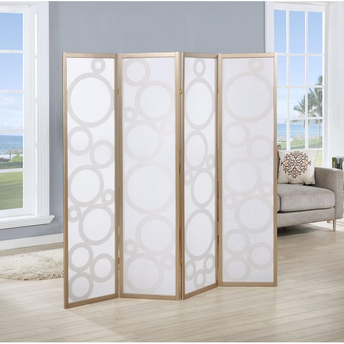 Arvada 4-Panel Wood Room Divider with Circle Pattern, Gold
