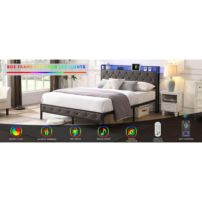 Full Bed Frame with Storage Headboard, Charging Station and LED Lights, Upholstered Platform Bed with Heavy Metal Slats, No Box Spring Needed, Noise Free, Easy Assembly, Dark Gray