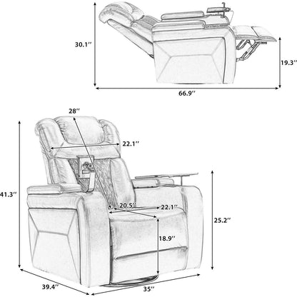 270 Degree Swivel PU Leather Power Recliner Individual Seat Home Theater Recliner with Comforable Backrest, Tray Table, Phone Holder, Cup Holder, USB Port, Hidden Arm Storage for Living Room, Red