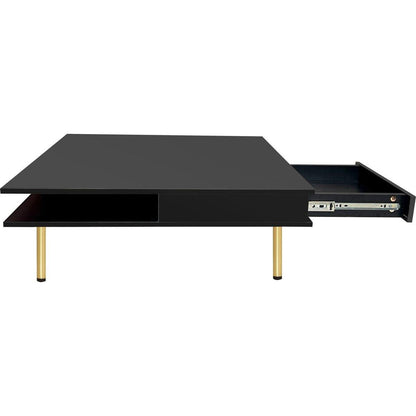 Exquisite High Gloss Coffee Table with 4 Golden Legs and 2 Small Drawers, 2-Tier Square Center Table for Living Room, Black