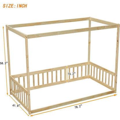 Twin Size Canopy Frame Floor Bed with Fence, Guardrails,Natural
