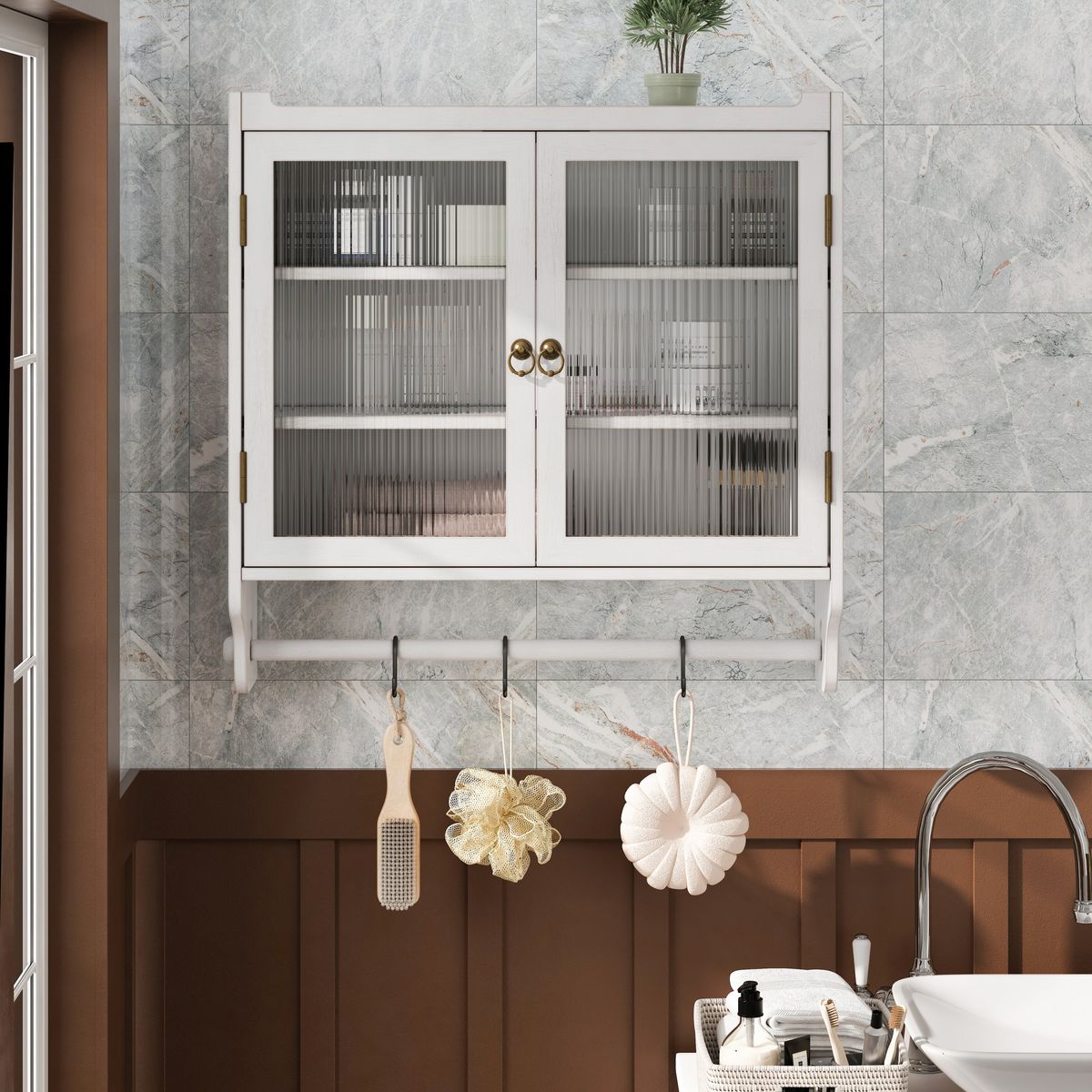 24.8'Glass Door Vintage Double Door Wall Cabinet with Three Tiers of Storage with Towel Rack, for Bathroom, Kitchen,Dining Room, White Washed