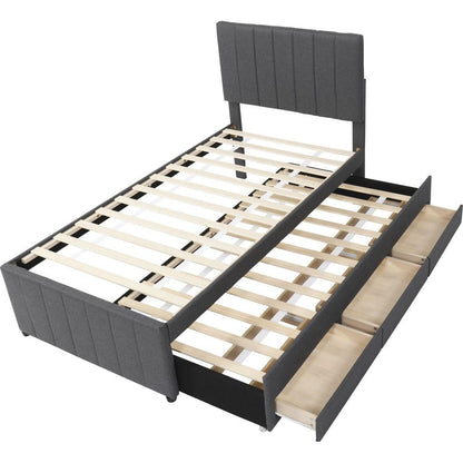 Twin Size Upholstered Platform Bed with Trundle and 3 Drawers, Linen Fabric, Gray