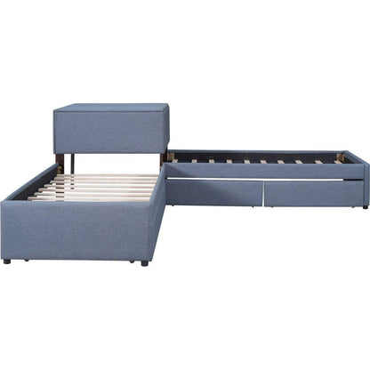L-shaped Upholstered Platform Bed with Trundle and Two Drawers Linked with built-in Desk,Twin,Gray
