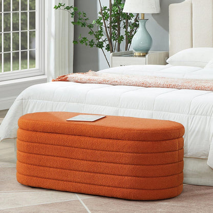 Modern Oval Storage Ottoman Bench, Upholstered Boucle Teddy Fabric End of Bed Bench with Storage, End of Bed Stool with Safety Hinge for Bedroom, Living Room, Entryway, Orange