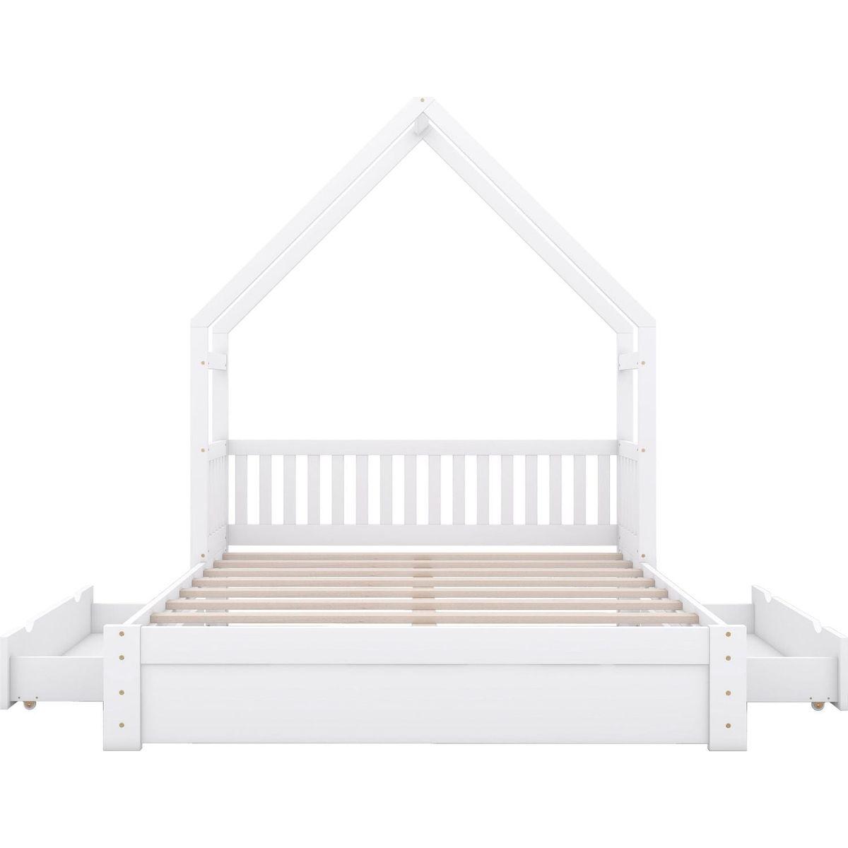Wood Queen Size House Platform Bed with Guardrail and 2 Drawers, White