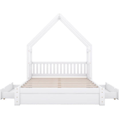 Wood Queen Size House Platform Bed with Guardrail and 2 Drawers, White