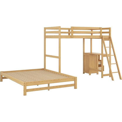 Twin over Full Bunk Bed with Built-in Desk and Three Drawers,Natural