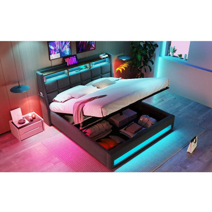 Full size Upholstered Platform bed with a Hydraulic Storage System, LED and USB Charging, Grey (without mattress)