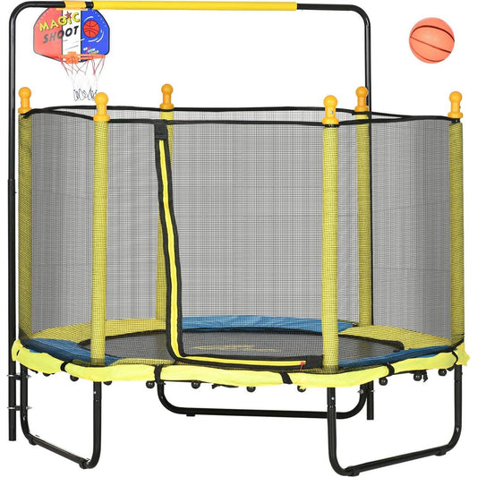 Qaba 4.6' Kids Trampoline with Basketball Hoop, Horizontal Bar, 55" Indoor Trampoline with Net, Small Springfree Trampoline Gifts for Kids Toys, Ages 3-10, Yellow